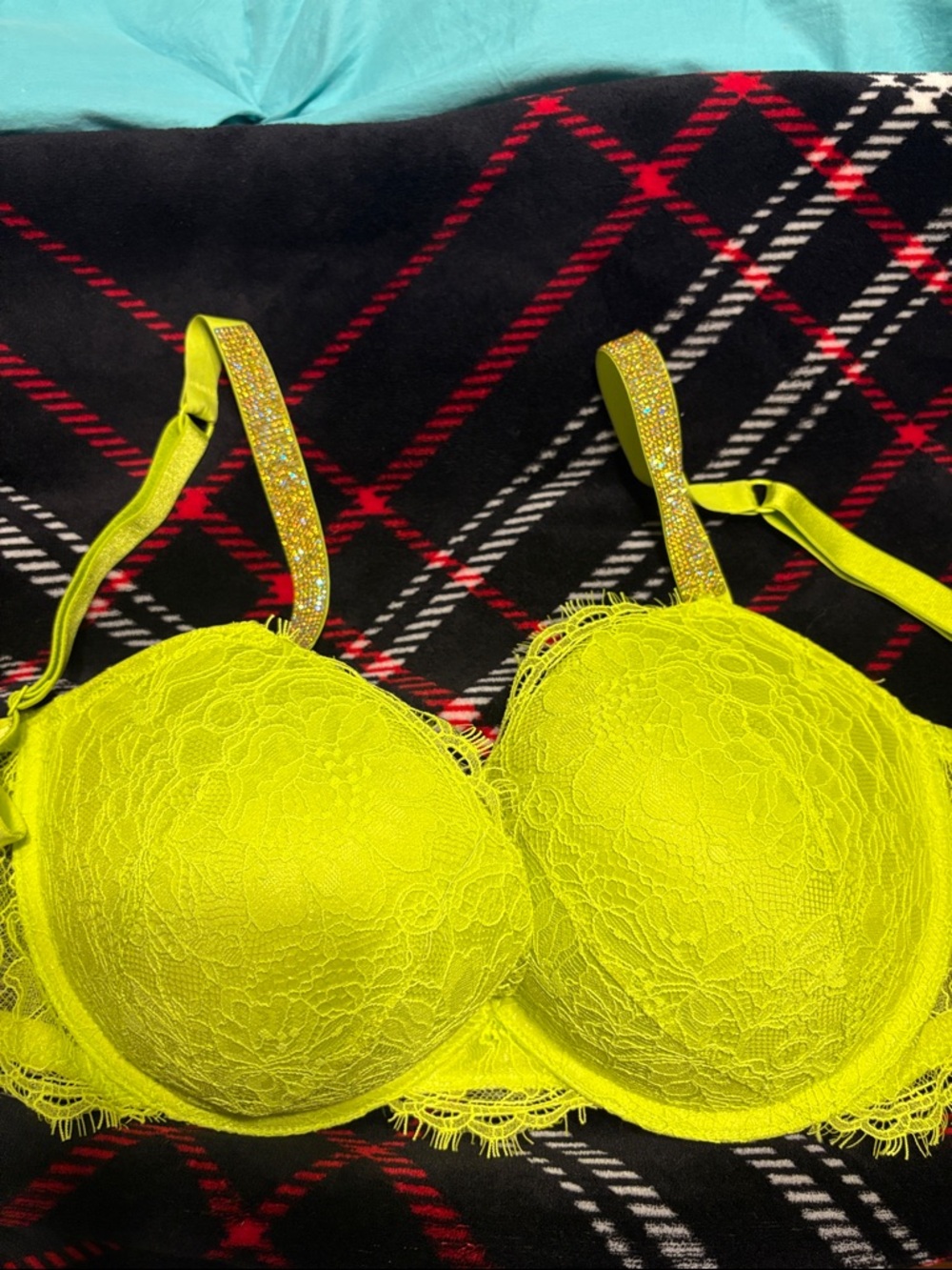 Victoria secret Lace Push-Up Bra in Neon Yellow with Rhinestone Straps 36DD